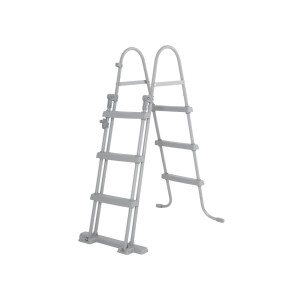 Szara drabinka basenowa t.b.t. z czterema stopniami ułatwiającymi wejście do basenu.