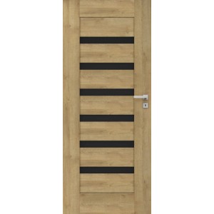 Nowoczesne drzwi wewnętrzne w kolorze drewna z czarnymi elementami dekoracyjnymi.