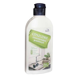 Płyn do czyszczenia zlewozmywaków granitowych Laveo, biała butelka z ciemną nakrętką.