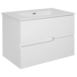 Biała szafka pod umywalkę z dwiema szufladami, część zestawu mebli łazienkowych.