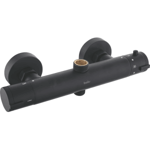 Czarna kolumna prysznicowa t.b.t. z regulacją temperatury do łazienki.