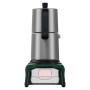 Ekspres akumulatorowy Bosch EasyMoka 18V-2 Inox. Kawiarka ze stali nierdzewnej z zieloną podstawą.