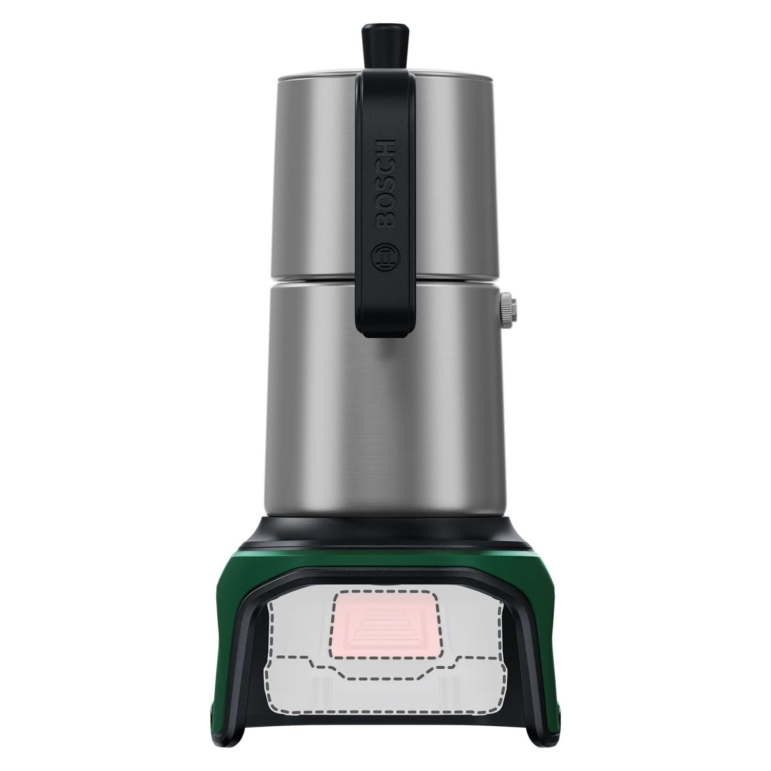 Ekspres akumulatorowy Bosch EasyMoka 18V-2 Inox. Kawiarka ze stali nierdzewnej z zieloną podstawą.