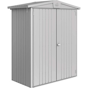 Metalowy domek narzędziowy Biohort Europa, srebrno-metaliczny, 1,3 m², z podwójnymi drzwiami. Idealny do przechowywania w ogrodzie.