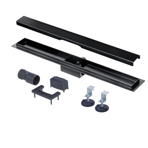 Czarny odpływ liniowy prysznicowy z akcesoriami do łazienki.