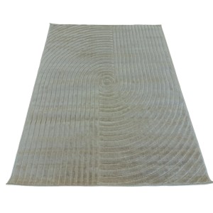 Beżowy dywan z krótkim włosiem z nowoczesnym wzorem linii i okręgów.