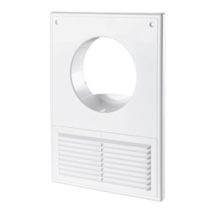 Biała kratka wentylacyjna z okrągłym przyłączem do systemów wyciągowych.