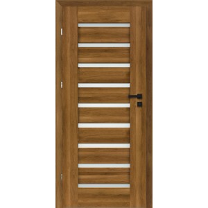 Nowoczesne drzwi wewnętrzne t.b.t. w kolorze drewna z poziomymi wstawkami szklanymi.