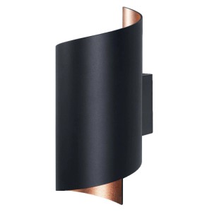 Czarna inteligentna lampa ścienna LED Osram Decor Twist z zakrzywioną aluminiową obudową i miedzianym wnętrzem.