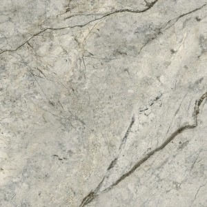 Szara płytka podłogowa z efektem marmuru i ciemnymi żyłkami.