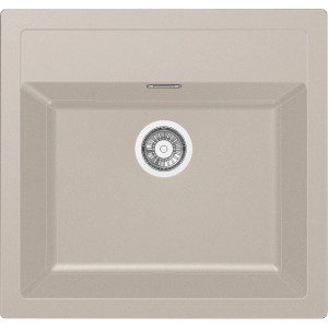 Beżowy zlewozmywak granitowy, kwadratowy, z armaturą odpływową.