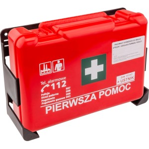 Czerwona apteczka pierwszej pomocy z uchwytem ściennym do szybkiej pomocy w nagłych wypadkach.