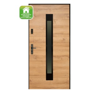 Nowoczesne drzwi zewnętrzne z efektem drewna i wąską wstawką szklaną.