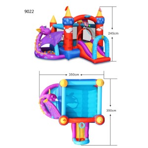 Nadmuchiwany zamek do skakania ze zjeżdżalnią i motywem smoka dla dzieci, idealny do ogrodu.
