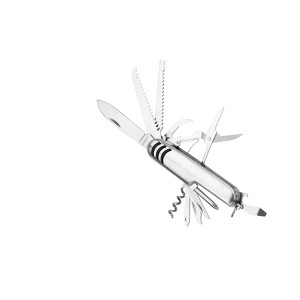 Srebrny nóż wielofunkcyjny, 13-częściowy zestaw z nożem, piłą, nożyczkami, śrubokrętem, korkociągiem i innymi.