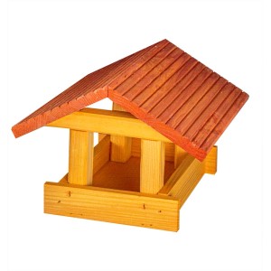 Drewniany karmnik dla ptaków z czerwonym dachem do ogrodu.