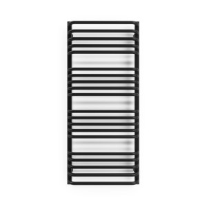 Czarny grzejnik t.b.t. z poziomymi elementami grzewczymi.