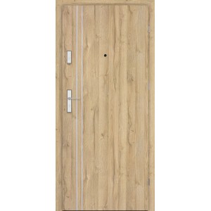 Drzwi wewnętrzne t.b.t. w kolorze drewna z srebrnymi akcentami.