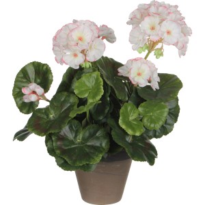 Dekoracyjna, biało-różowa sztuczna pelargonia w doniczce. Naturalny wygląd do wnętrz.