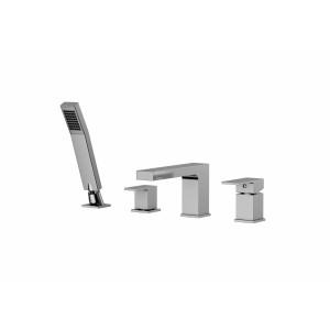 Nowoczesna, srebrna bateria wannowa t.b.t. z słuchawką prysznicową.