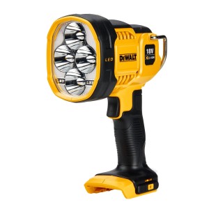 Żółto-czarna akumulatorowa lampa LED DeWalt, idealna do warsztatu i na budowę.