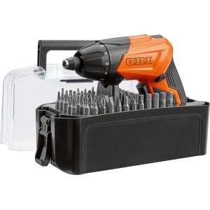 Wkrętak akumulatorowy OBI 3,6 V z 56-częściowym zestawem bitów w walizce.