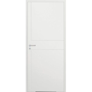 Białe drzwi wewnętrzne t.b.t. o prostym designie z srebrną klamką.