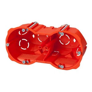 Pomarańczowa podwójna puszka podtynkowa do instalacji elektrycznych.