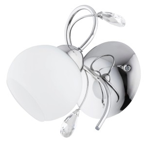 Elegancki kinkiet z białym szklanym kloszem i chromowanymi detalami.