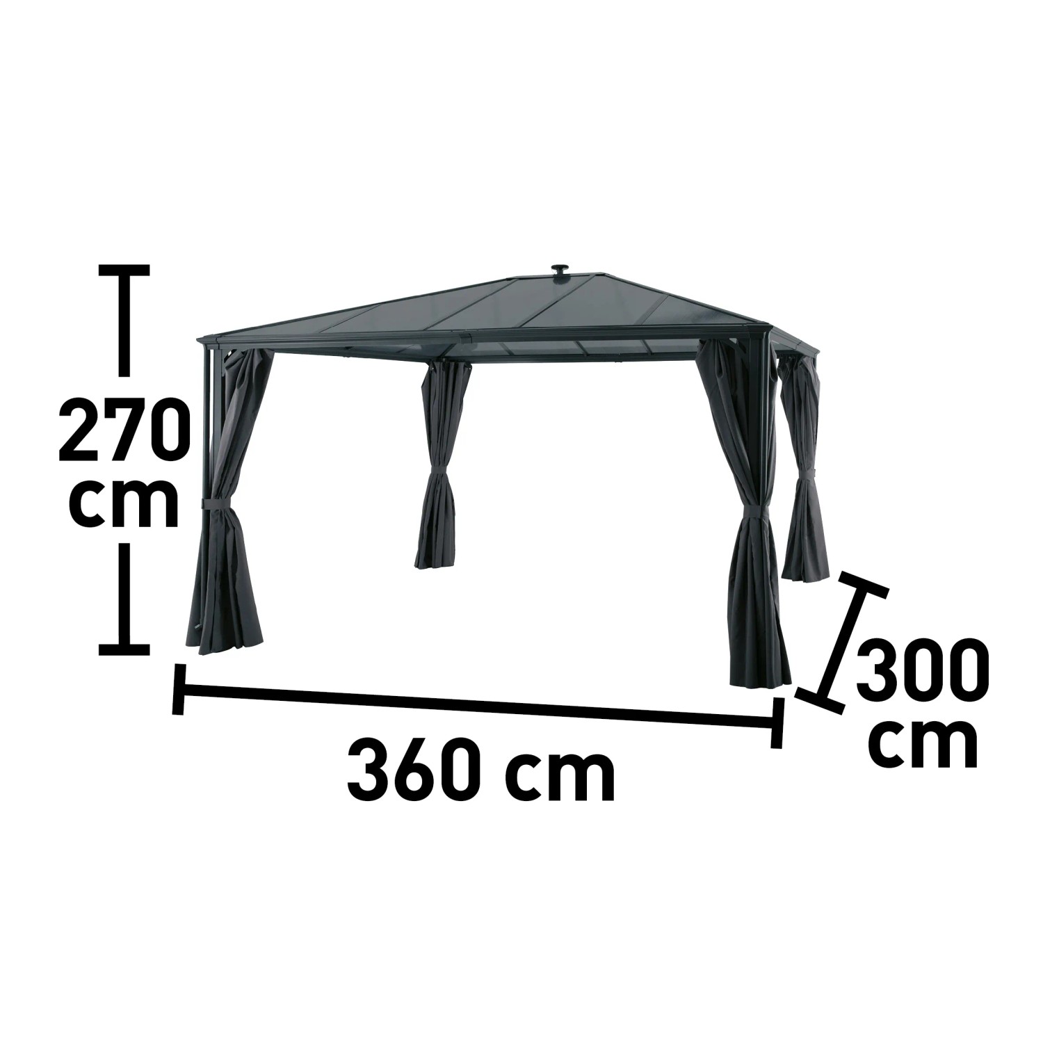Antracytowa altana New Harmony 300x360 cm z panelami bocznymi i wymiarami.