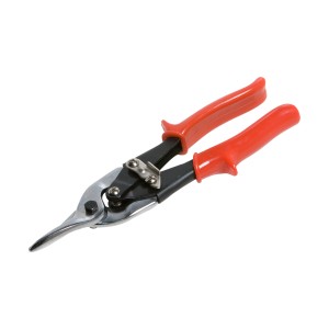 Nożyce do blachy proste, stalowe z czerwonymi plastikowymi uchwytami do precyzyjnych cięć.