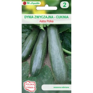 Opakowanie nasion cukinii 'Astra Polka': Zielone, podłużne cukinie na opakowaniu.
