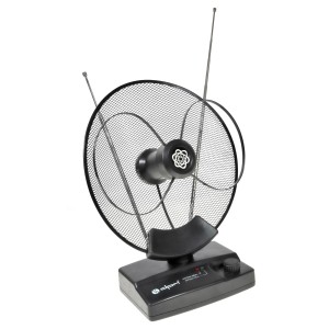 Czarna antena pokojowa z okrągłym reflektorem i dwiema antenami prętowymi.