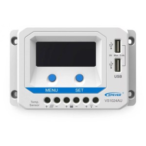 Regulator ładowania fotowoltaicznego z wyświetlaczem, portami USB i elementami sterującymi.