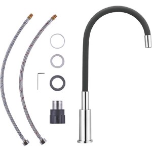 t.b.t. bateria jednouchwytowa z elastyczną, czarną wylewką i akcesoriami montażowymi.