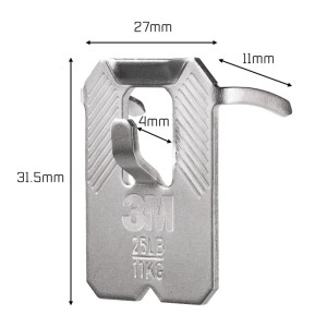 Zbliżenie srebrnego, samoprzylepnego haczyka ściennego t.b.t. z wymiarami.