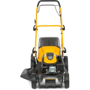 Kosiarka spalinowa Stiga Combi 48 SQ z żółtą obudową i czarnym koszem, widok z przodu.