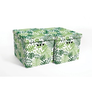 Dwa dekoracyjne pudełka kartonowe z motywem zielonych liści. Idealne do przechowywania.