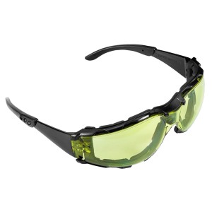 Okulary ochronne z żółtymi szkłami i czarną oprawką dla optymalnej ochrony oczu.