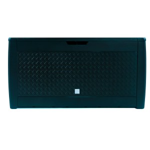 Czarny pojemnik na poduszki t.b.t. z wzorem rombów do mebli ogrodowych.