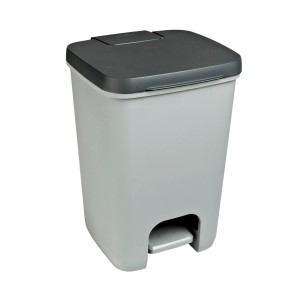 Szary kosz na śmieci z ciemną pokrywą do kuchni i łazienki.