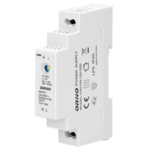 Biały zasilacz ORNO do monitoringu, widok z boku.