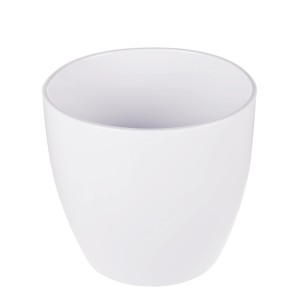Biała doniczka (Osłonki) o zaokrąglonym kształcie.