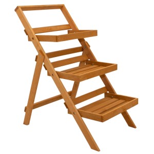 Stojak na kwiaty t.b.t. w kolorze drewna z trzema półkami.