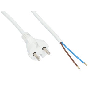 Biały kabel zasilający z wtyczką i odsłoniętymi kolorowymi przewodami.
