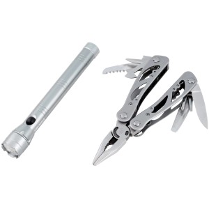 LUX Multitoolset 12 w 1: Zestaw metalowego multitoola i latarki.