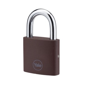 Brązowy kłódka Yale ze srebrnym pałąkiem.
