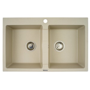 Beżowy zlewozmywak granitowy t.b.t. z dwiema komorami i okrągłymi odpływami.