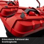 Zbliżenie czerwonego kosza na trawę ze wskaźnikiem napełnienia akumulatorowej kosiarki Einhell.
