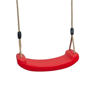 Czerwona huśtawka dla dzieci ze sznurami, idealna do ogrodu.